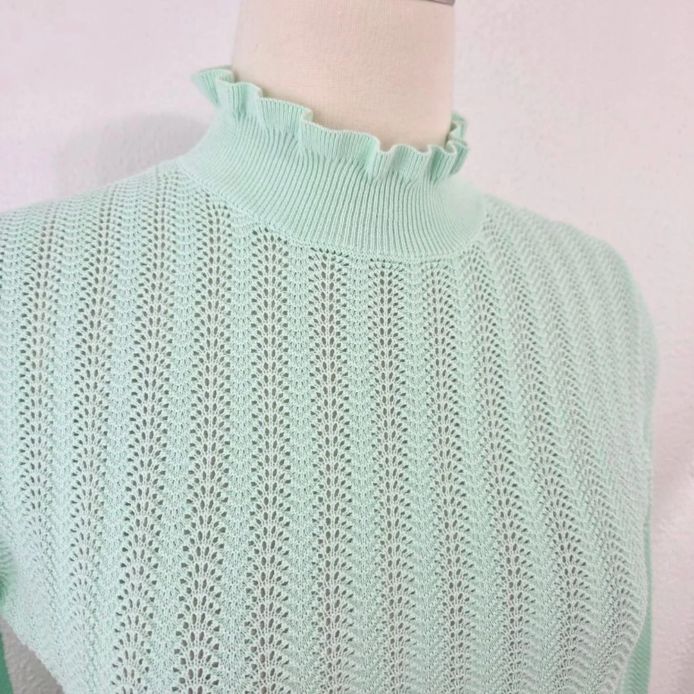 J. Crew Pointelle ruffle mockneck sweater pastel mint green aqua women's small